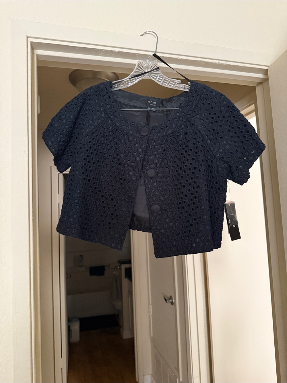 Nicole Miller Black Eyelet Cropped Short-Sleeve Top